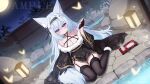  1girl animal_ears bamboo bare_shoulders black_gloves black_pantyhose black_thighhighs blush breasts bug butterfly chinese_commentary choker cleavage commentary_request commission cup daoyan dutch_angle flower fox_ears fox_girl fox_tail full_moon fur_trim garter_straps gloves glowing hair_flower hair_ornament hairclip highres japanese_clothes lantern long_hair looking_at_viewer medium_breasts moon night onsen original outdoors pantyhose purple_eyes rock sample_watermark solo sparkle steam tail thighhighs tray very_long_hair water watermark white_hair 