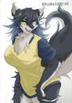  2021 4_fingers alternate_version_at_source anthro big_breasts breasts canid canine canis chest_tuft clothed clothing dipstick_ears female fingers fur green_eyes grey_body grey_fur grey_hair hair kemono kyabe2d0g145 looking_at_viewer mammal multicolored_ears multicolored_tail nipple_outline open_mouth partially_clothed sharp_teeth shirt solo t-shirt teeth tongue topwear tuft underwear underwear_down white_body white_fur wolf 