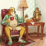 anthro balls beard belly bottomless bottomless_anthro bottomless_male canid canine canis casual_exposure chair clothed clothing container cup digital_media_(artwork) domestic_dog eyewear facial_hair flaccid food footwear foreskin fur furniture genitals glasses hair hi_res holding_container holding_cup holding_mug holding_object humanoid_genitalia humanoid_penis male mammal mature_anthro mature_male mug mustache navel open_clothing open_robe open_topwear pajama_shirt pajamas partially_retracted_foreskin penis pretzel_(food) robe robe_only sandals shoes sitting slightly_chubby slightly_chubby_anthro slightly_chubby_male socks socks_with_sandals solo spiritinchoco spread_legs spreading topwear wearing_glasses