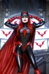  1girl backlighting batman_(series) batwoman belt black_bodysuit bodysuit breasts colored_skin commentary dc_comics english_commentary eye_mask eyelashes feet_out_of_frame gloves green_eyes highres holster latex latex_bodysuit legs_apart lipstick long_hair looking_at_viewer makeup mask medium_breasts monitor red_belt red_gloves red_hair red_lips standing stjepan_sejic superhero_costume unworn_mask utility_belt white_skin 