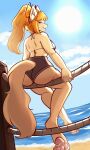 2025 5_fingers absurd_res accessory anthro bangs bare_back barefoot beach bedroom_eyes bell bell_bow big_butt bikini bikini_top biped black_bikini black_bottomwear black_clothing black_shorts black_swimwear bottomwear bow_(feature) bow_ribbon breasts butt canid canine ceroba_ketsukane clothed clothed_anthro clothed_female clothing cloud colored_nails curvy_figure eyebrows eyelashes feet female female_anthro fingernails fingers fluffy fluffy_tail fox fur grin grinning_at_viewer hair hair_accessory hair_bell hair_bow hair_ribbon hair_tie hi_res hindpaw holding_object inner_ear_fluff long_hair long_ponytail looking_at_viewer looking_back looking_back_at_viewer mammal nails narrowed_eyes orange_hair orange_nails pawpads paws pink_nose pink_pawpads pointy_ears ponytail pose prick_ears pupils rear_view red_bow red_eyes ribbons sea seaside seductive shorts side_boob side_eye sitting sky small_waist smile smiling_at_viewer snout solo summer sun swimwear tail tan_body tan_fur tan_tail teeth thick_tail thick_thighs tied_hair topwear tuft two-piece_swimsuit undertale_(series) undertale_yellow water white_inner_ear_fluff zevulpes