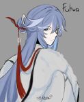  1girl blue_eyes closed_mouth english_commentary from_behind fu_hua grey_background grey_hair hair_bun hair_ornament hair_stick half_up_bun highres honkai_(series) honkai_impact_3rd looking_back shuhua_(mean_huashu) signature solo tassel tassel_hair_ornament 