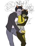 4_horns alien alien_humanoid aquatic artbotched black_clothing black_hair black_jacket black_topwear blush bodily_fluids bottomwear bottomwear_down cigarette clothed clothing cronus_ampora crotch_tentacles dialogue ear_fins english_text fangs fin forced forced_handjob genital_fluids genitals hair hair_over_eyes hand_on_chest handjob hi_res homestuck horn horned_humanoid humanoid jacket legs_together long_sleeve_shirt male messy_hair mituna_captor ms_paint_adventures multi_horn not_furry open_mouth pants pants_down partially_clothed penile purple_blush purple_body purple_skin pushing_away sex shirt short_hair simple_background slicked_back_hair smile speech_bubble teeth tentacles text topwear troll_(homestuck) white_clothing white_shirt white_topwear yellow_blush yellow_body yellow_precum yellow_skin