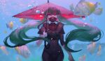  1girl air_bubble arm_up asymmetrical_sleeves black_bodysuit blue_eyes bodysuit bubble cao_xiaojv commentary cowboy_shot english_commentary fish full-length_zipper gas_mask grey_hair hair_between_eyes hair_flowing_over hatsune_miku highres holding holding_umbrella layered_sleeves long_hair long_sleeves looking_at_viewer mask red_umbrella short_over_long_sleeves short_sleeves solo straight-on three-quarter_sleeves transparent transparent_umbrella twintails umbrella underwater utility_vest very_long_hair vest vocaloid zipper 