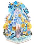  1girl blue_butterfly blue_eyes blue_hair blue_nails bow bug butterfly butterfly_hat_ornament chibi chinese_commentary chris4708 commentary_request dress finger_to_cheek fingerless_gloves flower food fruit full_body gloves hair_between_eyes hat hat_bow hat_flower hat_ornament hatsune_miku highres holding holding_umbrella long_hair looking_at_viewer magical_mirai_(vocaloid) magical_mirai_miku magical_mirai_miku_(2026) musical_note_ornament nail_polish open-toe_boots orange_(fruit) orange_slice smile solo standing standing_on_liquid sunflower toenail_polish toenails twintails umbrella very_long_hair vocaloid water white_bow white_dress white_gloves white_umbrella yellow_flower 