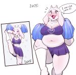 2025 2_horns age_progression anthro before_and_after belly big_belly big_breasts biped blush blush_lines bodily_fluids boss_monster_(undertale) bottomwear bovid breasts caprine cheerleader cheerleader_outfit cleavage clothed clothed_anthro clothed_female clothing crop_top cross curvy_figure cute_fangs delta_rune_(emblem) dialogue emanata embarrassed english_text eyebrows eyelashes eyes_closed eyeshadow fangs female female_anthro floppy_ears front_view fur glistening glistening_body goat heart_symbol hi_res horn huge_belly legwear lips lipstick lop_ears makeup mammal midriff multiple_poses navel nervous nervous_smile on_one_leg open_mouth open_smile overweight overweight_anthro overweight_female pom_poms pose pupils purple_bottomwear purple_clothing purple_eyeshadow purple_lipstick purple_makeup purple_shirt purple_skirt purple_topwear raised_arms raised_inner_eyebrows raised_leg shirt short_horn simple_background skirt small_horn smile snout solo speech_bubble standing sweat sweatdrop symbol teeth text thick_bottom_lip thick_thighs thigh_highs time_skip tongue topwear toriel undertale_(series) voluptuous voluptuous_anthro voluptuous_female weight_gain white_background white_clothing white_legwear white_thigh_highs wide_hipped_anthro wide_hipped_female wide_hips zevulpes