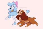 2026 accessory bird_dog black_eyebrows black_nose blue_body blue_eyelids blue_eyes blue_fur bow_ribbon brown_body brown_fur canid canine canis colored digital_drawing_(artwork) digital_media_(artwork) disney domestic_dog duo eye_contact eyebrows eyelashes felixcartoons female female_feral feral floppy_ears fur georgette_(disney) hair_accessory hair_bow hair_ribbon hi_res hunting_dog jewelry lady_(lady_and_the_tramp) lady_and_the_tramp looking_at_another mammal multicolored_body multicolored_fur necklace oliver_and_company pink_bow poodle raised_eyebrows ribbons shaded short_tail simple_background size_difference smile smiling_at_another smiling_at_each_other snout spaniel tail tan_body tan_fur toony walking