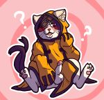 anthro arc_system_works blazblue blush bodily_fluids clothed clothing domestic_cat eye_patch eyewear felid feline felis genital_fluids jubei_(blazblue) kayadult male mammal partially_clothed pawpads paws precum simple_background solo