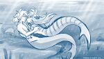  2021 7:4 alternate_species anthro blue_and_white breasts casual_nudity conditional_dnp duo embrace face_to_face felid female flora_(twokinds) hi_res hug keidran male male/female mammal marine merfolk monochrome navel nude pantherine romantic romantic_couple side_boob sketch smile split_form stripes tiger tom_fischbach trace_legacy twokinds underwater water webcomic 