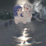  2girls absurdres blue_eyes blue_hair blush breasts camisole collarbone cup dated earrings elf english_commentary highres holding_hands jewelry long_hair looking_at_viewer looking_back medium_hair mug multiple_girls mushoku_tensei onsen orange_eyes outdoors parted_bangs parted_lips partially_submerged pitcher_(container) pointy_ears rock roxy_migurdia ryan_(user_pmwp5857) shoulder_blades signature small_breasts splashing sylphiette_(mushoku_tensei) upper_body water wet wet_hair white_camisole white_hair yuri 