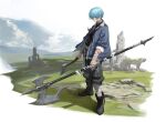  1boy axe bandaged_arm bandages black_boots black_pants blue_hair blue_jacket boots closed_mouth cloud fantasy from_side full_body grass highres holding holding_axe jacket leviathan_(hikinito0902) looking_at_viewer original pants puttees ruins short_hair sky solo standing 