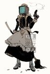  1other apron ascot black_dress broom chinese_commentary commentary_request cytus cytus_ii dress frilled_apron frills full_body gun highres holding holding_broom holding_gun holding_weapon humanoid_robot joints juliet_sleeves kdd-exe long_dress long_sleeves maid maid_apron maid_headdress monitor_head object_head puffy_sleeves robo_head_(cytus) robot robot_joints shell_casing simple_background smile weapon white_ascot white_background 