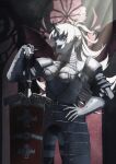  1girl aaru_sayu absurdres armor ass_visible_through_thighs atoferatofe_rybak black_panties blue_skin breasts clothing_cutout colored_skin commentary_request crazy_smile dark-skinned_female dark_skin demon_girl hand_on_own_hip hand_up highres horns indoors long_hair medium_breasts mushoku_tensei open_mouth panties planted planted_sword red_eyes single_horn smile solo standing sword teeth thigh_cutout underwear upper_teeth_only weapon white_hair 