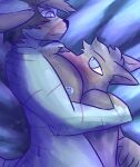  anthro bed bicornasaurs breasts bust_portrait canid canine canis cuddling domestic_cat duo embrace felid feline felis furniture hi_res holding_(disambiguation) hug hybrid lagomorph leporid lying male male/male mammal portrait rabbit wolf 