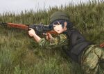  1girl absurdres beanie black_hair black_vest camouflage camouflage_jacket camouflage_pants chechen_war dragunov_svd from_behind grass gun hair_bun hat highres holding honganhefg jacket looking_back lying military military_combat_uniform military_fatigues military_uniform on_stomach open_mouth original pants purple_eyes rifle russian_flag russian_ground_forces scope sleeves_rolled_up sniper_rifle soldier solo vest weapon 