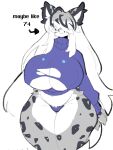 2026 ahoge anthro bangs big_breasts breasts clothed clothing colored digital_drawing_(artwork) digital_media_(artwork) english_text felid female flat_colors fur grey_body grey_fur hair hair_over_eyes huge_breasts long_hair mammal markings navel pantherine pantsless shiyaa_stuff simple_background snow_leopard solo spots spotted_body spotted_fur text thong topwear torn_clothing torn_topwear underwear white_background white_body white_fur white_hair