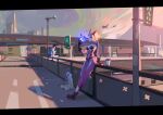  2girls against_railing aircraft airplane animal_ear_hairband animal_ears asymmetrical_gloves black_bra black_gloves black_panties black_shoes blonde_hair blue_bodysuit bodysuit bra breasts cao_xiaojv character_request cleavage commentary covered_navel crossed_legs cyberpunk english_commentary evening fake_animal_ears fingerless_gloves fire from_side gloves gradient_gloves hairband hand_up jacket leaning lighting_cigarette long_sleeves magic magicleaders medium_breasts multicolored_shoes multiple_girls neon_lights on_railing outdoors panties pink_gloves pink_jacket pink_shoes railing see-through_bodysuit see-through_clothes shoes short_hair shrug_(clothing) single_fingerless_glove sitting sky speed_bump standing stuffed_toy two-tone_shoes underwear unlit_cigarette_in_mouth white_bra 