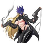  1girl absurdres beelstarmon belt black_belt black_coat black_gloves black_pants black_vest blonde_hair blue_mask breasts coat commentary cowboy_shot crop_top cropped_vest digimon digimon_(creature) dual_wielding english_commentary eye_mask gloves groin gun highres holding holding_gun holding_weapon large_breasts leather leather_pants long_hair looking_at_viewer mask multiple-barrel_gun navel ninja_dave open_clothes open_coat open_mouth pants purple_lips red_eyes sidelocks simple_background smoke smoking_barrel solo standing stomach sweat teeth third_eye tight_clothes tight_pants tongue tongue_out trigger_discipline underboob vest weapon white_background zipper 