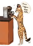  2021 ambiguous_gender beverage coffee coffee_pot digital_media_(artwork) english_text felid feline feral flashw fur mammal nude on_hind_legs paws serval simple_background solo spots spotted_body spotted_fur text white_background yellow_eyes 