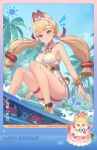  1girl absurdres alice_thymefield alice_thymefield_(sea_of_thyme) animal_ears apron bare_shoulders birthday_cake blonde_hair braid breasts cake chibi choker cleavage closed_mouth commentary feet_out_of_frame food frilled_skirt frills hair_ornament hairband happy_birthday hat heterochromia highres komano_manato long_hair looking_at_viewer low_twintails lucia_elowen medium_breasts nail_polish official_alternate_costume official_art orange_eyes party_hat rabbit_ears rabbit_girl red_eyes skirt sphere_hair_ornament swimsuit thigh_strap thighs twintails ukinami_yuzuha very_long_hair white_hairband yellow_eyes zenless_zone_zero 