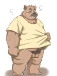  2016 3:4 anthro balls brown_body clothing edit facial_hair flaccid genitals humanoid_genitalia humanoid_hands humanoid_penis inunoshippo kemono male mammal mature_male morbidly_obese mustache obese obese_male overweight overweight_male penis pubes shirt simple_background solo topwear uncensored ursid white_background 