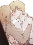  1boy 1girl annie_leonhart armin_arlert artist_name blonde_hair brown_shirt closed_eyes collared_shirt commentary_request hetero highres hug kiss korean_commentary long_hair long_sleeves sayo_nara_drawing shingeki_no_kyojin shirt short_hair signature simple_background twitter_username white_background white_shirt 