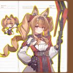  1girl absurdres angelina_(arknights) angelina_the_mellow_wish_(arknights) animal_ear_fluff animal_ears arknights black_collar black_gloves black_hairband brown_eyes brown_hair chibi chibi_inset chinese_commentary collar commentary_request detached_sleeves dress earpiece fox_ears fox_girl gloves hair_between_eyes hairband highres holding holding_staff holding_weapon infection_monitor_(arknights) lined_paper long_hair long_sleeves looking_at_viewer multicolored_hairband outline paper_background smile staff twintails two-tone_hairband weapon white_dress yellow_outline youzha_yunduo 
