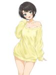  1girl :d alternate_costume aqua_eyes armpit_crease black_hair blush breasts cleavage collarbone commentary_request cowboy_shot hand_up highres himahana hololive large_breasts looking_at_viewer no_pants oozora_subaru open_mouth short_hair simple_background single_bare_shoulder single_off_shoulder sleeves_past_wrists smile solo sweater thighs virtual_youtuber white_background yellow_sweater 