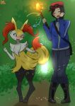  2021 absurd_res anthro bodily_fluids body_swap braixen calem_(pok&eacute;mon) canid canine cute_fangs dated duo embarrassed eyelashes eyes_closed female fu_me_kin happy hi_res human knock-kneed larger_human larger_male looking_at_self magic male mammal nintendo open_mouth pok&eacute;mon pok&eacute;mon_(species) signature size_difference smaller_anthro smaller_female standing sweat sweatdrop tail_grab torch video_games 