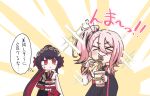  >_< 2girls blush closed_eyes commentary_request eating food instant_cup_noodles instant_noodles japanese_clothes long_hair magical_girl mahou_shoujo_no_inshuu_mura melto3292 multicolored_hair multiple_girls nikaido_hiro noodles obi pink_hair red_eyes sash short_hair speech_bubble sumigaki_itori translation_request wide_sleeves 