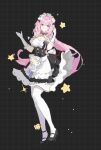  1girl black_background black_choker black_shoes black_skirt blue_eyes chinese_commentary choker commentary_request elysia_(honkai_impact) elysia_(miss_pink)_(honkai_impact) elysia_(miss_pink_elf)_(honkai_impact) full_body gloves highres honkai_(series) honkai_impact_3rd long_hair maid maid_headdress mary_janes official_alternate_costume pink_hair shoes skirt smile solo standing thighhighs very_long_hair white_gloves white_thighhighs wotaoyanfanboxingrenge 