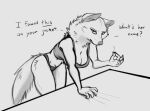  anthro breasts canid canine canis cleavage clothed clothing dialogue english_text eyebrows eyelashes female fur furniture hi_res inner_ear_fluff looking_at_viewer mammal monochrome panties schmutzo scratching shirt solo table tank_top text topwear tuft underwear wolf 