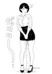  1girl breasts closed_mouth collared_shirt commentary_request dress_shirt full_body high_heels highres long_sleeves medium_breasts office_lady original pee pee_puddle peeing peeing_self pencil_skirt puddle shirt short_hair skirt sleeves_rolled_up solo standing surprised thighs twitter_username wara_nai 