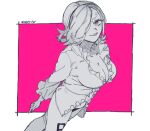  1girl breasts cleavage commentary_request curly_eyebrows dated frilled_shirt frills greyscale_with_colored_background hair_over_one_eye leg_tattoo one_piece panties pink_background shirt smile solo tattoo underwear vinsmoke_reiju wakao_(wakaogm) 