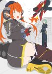  1other 2girls absurdres anger_vein angry black_dress black_flower black_hat black_horns blue_eyes breasts closed_eyes closed_mouth commentary_request curled_horns dragon_girl dragon_horns dress fingerless_gloves fire flower full_body gloves green_hair hair_between_eyes hair_flower hair_ornament hat highres holding holding_sword holding_weapon horns isolde_(zenless_zone_zero) long_hair looking_at_another magus_(zenless_zone_zero) mechanical_horns mechanical_tail mole mole_under_eye multiple_girls one_eye_closed open_mouth orange_hair orphie_magnusson outdoors pointy_ears shianpurin shoes sitting smile sword tail tearing_up thighhighs twintails unfinished weapon zenless_zone_zero zipper_dress 
