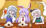  3girls :d absurdres aertlus animal_ears black_hairband blush bottle braid commentary_request cup drunk food ghost grey_hair hairband highres holding holding_cup indoors izayoi_sakuya konpaku_youmu konpaku_youmu_(ghost) lamp long_hair maid_headdress medium_hair multiple_girls necktie onigiri purple_hair rabbit_ears rabbit_girl red_necktie reisen_udongein_inaba side_braids smile touhou twin_braids 