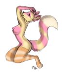  2021 anthro breasts clothing digital_media_(artwork) female flashlioness footwear fur kneeling mammal pink_body pink_fur procyonid raccoon socks yellow_body yellow_fur 
