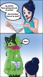 9:16 animal_noises anthro big_butt blue_background blue_clothing blue_hair blue_panties blue_underwear bodily_fluids bottomwear breasts butt clothed clothing comic dialogue duo english_text felid female fur generation_9_pokemon gradient_background green_body green_fur hair hi_res holding_clothing holding_object holding_panties holding_underwear human light_body light_skin liko's_meowscarada liko_(pokemon) looking_at_underwear looking_back mammal meesky meow meowscarada nintendo panties panties_only pattern_bottomwear pattern_clothing pattern_panties pattern_underwear pokemon pokemon_(anime) pokemon_(species) pokemon_speak rear_view red_eyes side_boob simple_background standing striped_bottomwear striped_clothing striped_panties striped_underwear stripes tears text topless underwear underwear_only wearing_another's_underwear wearing_another_person's_clothing