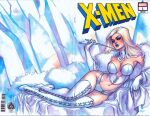  1girl blonde_hair blue_eyes blue_lips boots breasts cloak colored_pencil_(medium) commentary cover_sketch elbow_gloves emma_frost english_commentary fur_cloak gloves highres holding ink large_breasts lipstick long_hair lying makeup marker_(medium) marvel meghan_hetrick neck_corset on_side panties pastel_(medium) scan signature solo thigh_boots traditional_media underwear white_bodice white_boots white_gloves white_panties x-men 