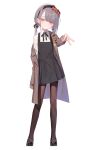  1girl absurdres badge black_bow black_dress black_hairband black_ribbon black_shoes bow bow_hairband brown_coat brown_pantyhose button_badge closed_mouth coat collared_shirt commentary cookie_hair_ornament dress food-themed_hair_ornament full_body grey_hair hair_bow hair_ornament hairband head_tilt highres lapels long_sleeves looking_at_viewer low_twintails mary_janes medium_hair neck_ribbon notched_lapels open_clothes open_coat original pantyhose parted_bangs pinafore_dress pink_bow pink_eyes pleated_dress ribbon shirt shoes short_dress simple_background single_off_shoulder sleeveless sleeveless_dress sleeves_past_wrists snacks00 solo standing twintails untranslatable_commentary v white_background white_shirt 