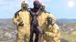 16:9 3_fingers 3d_(artwork) 4k absurd_res alien alien_humanoid animal_genitalia balls big_penis black_sclera blue_sky digital_media_(artwork) equine_genitalia fingers flaccid gas_mask genitals gesture group group_photo hand_gesture hand_on_shoulder hazmat_suit hi_res holding_penis human humanoid lifting_penis looking_down male male/male mammal mask nipples not_furry outdoor_nudity penis purple_body purple_skin r1v3r_styx sectoid sheath sky standing teratophilia thumbs_up widescreen x-com xenophilia