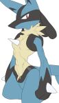  2021 anthro blue_body blue_fur breasts digital_media_(artwork) female fur hi_res looking_at_viewer lucario nintendo pok&eacute;mon pok&eacute;mon_(species) quququl simple_background small_breasts solo video_games white_background yellow_body 