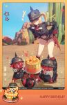  1girl absurdres birthday_cake black_boots black_gloves black_helmet black_jacket black_shirt black_shorts blonde_hair blue_sky boar boots cactus cake chibi combat_helmet commentary crop_top cropped_jacket crossed_bangs denim denim_shorts food full_body gloves hair_between_eyes half_gloves hands_on_own_hips happy_birthday hat helmet high_heel_boots high_heels highres holding holding_cake holding_food jacket knee_boots leaning_forward long_hair luciana_de_montefio lucy's_crew_(zenless_zone_zero) micro_shorts midriff navel official_art open_clothes open_jacket party_hat pickelhaube red_eyes shirt shorts side_ponytail sky smile torn_clothes torn_shirt zenless_zone_zero 