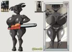 android anthro artist_name big_breasts big_butt bovid bovid_taur bovine breasts butt chainsaw door european_mythology female glass_door greek_mythology grey_background hi_res hooves horn huge_breasts machine mammal mammal_taur mechanical_arm mechanical_leg minotaur mythology onomatopoeia photo power_tool reymonrr robot satyress_(company) simple_background solo sound_effects spanish_text taur text threehalves tools translated