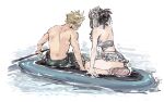  1boy 1girl arm_support ass back bare_arms bare_legs beerenfuchs bikini bikini_skirt black_hair black_swim_trunks blonde_hair cloud_strife cloud_strife_(wild_surf) commentary final_fantasy final_fantasy_vii final_fantasy_vii_rebirth final_fantasy_vii_remake flower from_behind full_body grey_bikini hair_flower hair_ornament hair_up halterneck highres long_hair official_alternate_costume official_alternate_hairstyle seiza short_hair side-tie_bikini_bottom sidelocks sitting spiked_hair swimsuit thighs tifa_lockhart tifa_lockhart_(shining_spirit) topless_male untranslatable_commentary water 