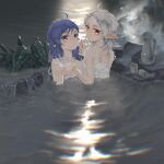  2girls absurdres blue_eyes blue_hair blush breasts camisole closed_mouth collarbone cup dated earrings elf english_commentary highres holding_hands jewelry long_hair looking_at_viewer looking_back medium_hair mug multiple_girls mushoku_tensei onsen orange_eyes outdoors parted_bangs partially_submerged pitcher_(container) pointy_ears rock roxy_migurdia ryan_(user_pmwp5857) shoulder_blades signature small_breasts splashing sylphiette_(mushoku_tensei) upper_body water wet wet_hair white_camisole white_hair yuri 
