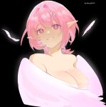  1girl artist_name black_background breasts cleavage commentary falling_feathers feathered_wings feathers highres kkitozhor large_breasts long_hair looking_at_viewer medium_hair nude pink_hair pointy_ears purple_eyes remielle_dan smile solo upper_body very_long_hair white_feathers white_wings wing_censor wings zenless_zone_zero 