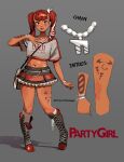  1girl absurdres adapted_costume alternate_costume alternate_skin_color arm_tattoo artist_name belt black_boots black_skirt blush boots bracelet braid clothes_writing commentary cornrows crop_top crossbody_bag dark-skinned_female dark_skin darkened_skin english_commentary english_text fashion fingernails flat_chest frilled_skirt frills full_body grey_background grey_shirt hair_ribbon hand_up highres ironicnotsavage jewelry kasane_teto kasane_teto_(sv) kinky_hair leg_tattoo long_fingernails long_hair looking_at_viewer midriff multicolored_hair navel necklace party_girl_(synthesizer_v) red_eyes red_hair reference_sheet ribbon shirt short_sleeves skirt socks solo standing streaked_hair synthesizer_v tattoo twintails utau white_ribbon white_socks white_streaks 