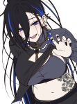  1girl ayase_yuu ayase_yuu_(2nd_costume) bead_necklace beads belt black_belt black_bridal_gauntlets black_hair black_nails black_pants black_shirt blue_eyes blue_ribbon blue_streaks blush bridal_gauntlets cleavage_cutout clothes_lift clothing_cutout commentary_request crop_top cropped_shirt double-parted_bangs ear_piercing earrings flower_tattoo gold_trim grey_shirt grey_sports_bra hair_between_eyes high_collar high_ponytail highres jewelry leaf_tattoo long_bangs long_hair long_sleeves looking_at_viewer maximum_pamyu midriff multicolored_hair multicolored_shirt multiple_earrings nail_polish navel necklace official_alternate_costume official_alternate_hairstyle open_mouth pants phase_connect piercing ponytail print_shirt ribbon ribbon_earrings shirt shirt_lift simple_background sketch smile solo spiked_ear_piercing sports_bra stomach_tattoo streaked_hair stud_earrings tassel tattoo teeth unfinished upper_body very_long_hair virtual_youtuber white_background 