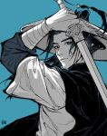  1boy all_wishes_come_true! anderain arm_up arm_wrap artist_name black_cape black_hair blue_background blue_theme cape chinese_clothes closed_mouth commentary_request greyscale_with_colored_background hand_up hanfu hat high_ponytail highres holding holding_sword holding_weapon layered_sleeves long_hair long_sleeves looking_at_viewer lv_dongbin_(all_wishes_come_true!) male_focus monochrome ponytail short_over_long_sleeves short_sleeves sidelocks signature simple_background smile solo sword sword_tassel tassel upper_body weapon weapon_tassel 